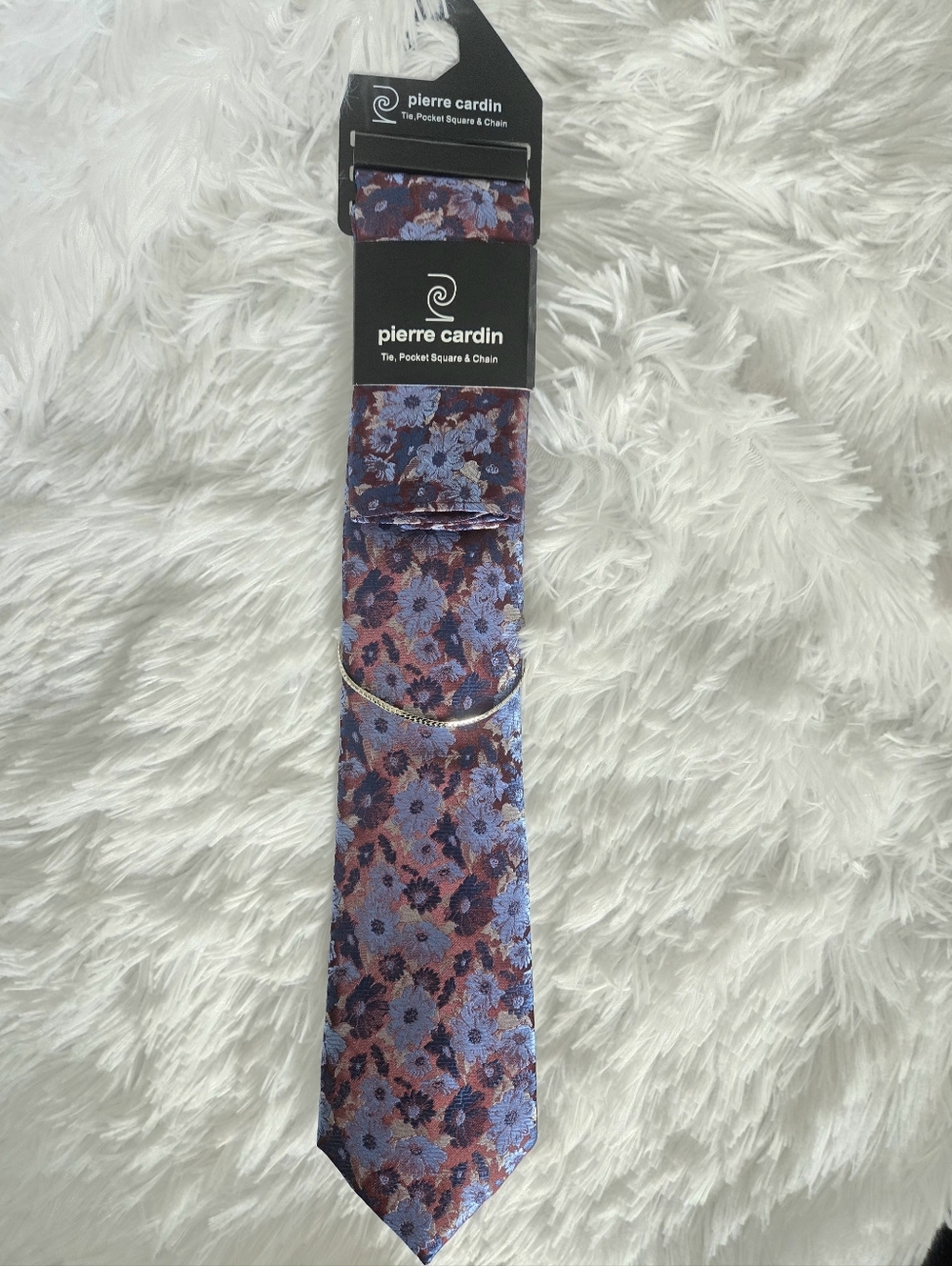 NWT Pierre Cardin 3PC Set: Bold Floral Jacquard Tie, Pocket Square & Chain